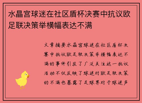 水晶宫球迷在社区盾杯决赛中抗议欧足联决策举横幅表达不满