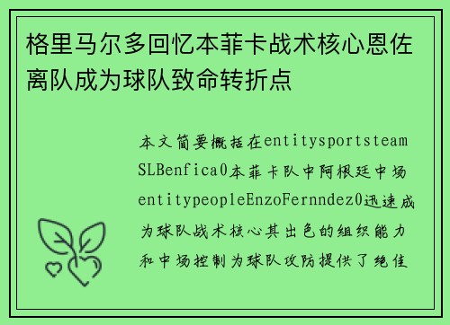 格里马尔多回忆本菲卡战术核心恩佐离队成为球队致命转折点